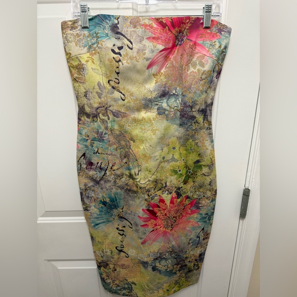 Women’s David Meister Strapless Brocade Bustier Dress Size 8 Y2K Japanese Floral